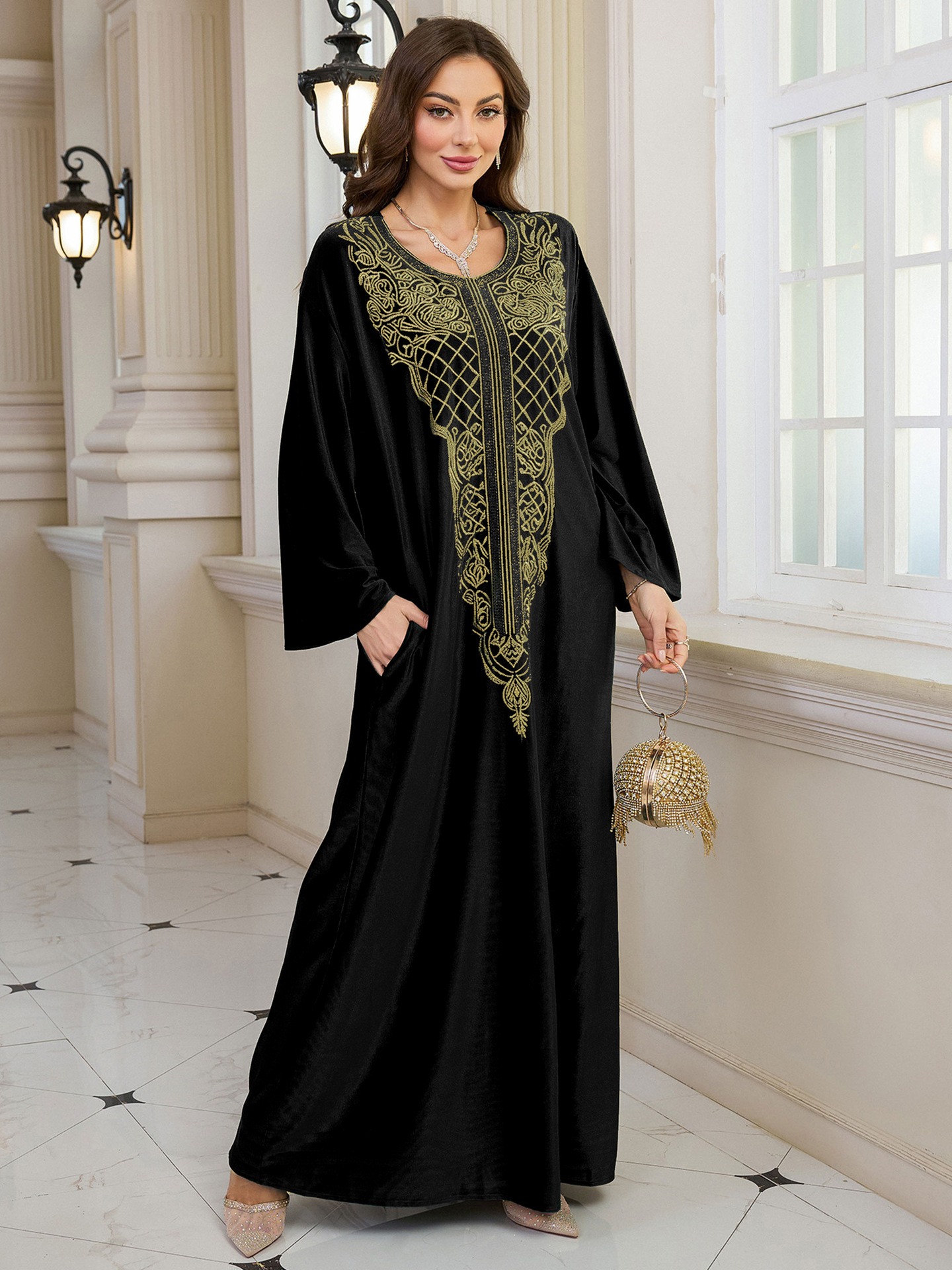 Elegant Embroidered Kaftan Dress Beach Bathing Suit Cover up Long Maxi Dress